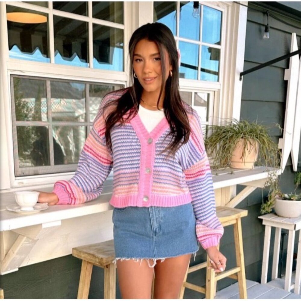 Show Me Your Mumu Pink Multi Stripe Cropped Relaxed Fit Button Up Cardigan 90s - Picture 2 of 16